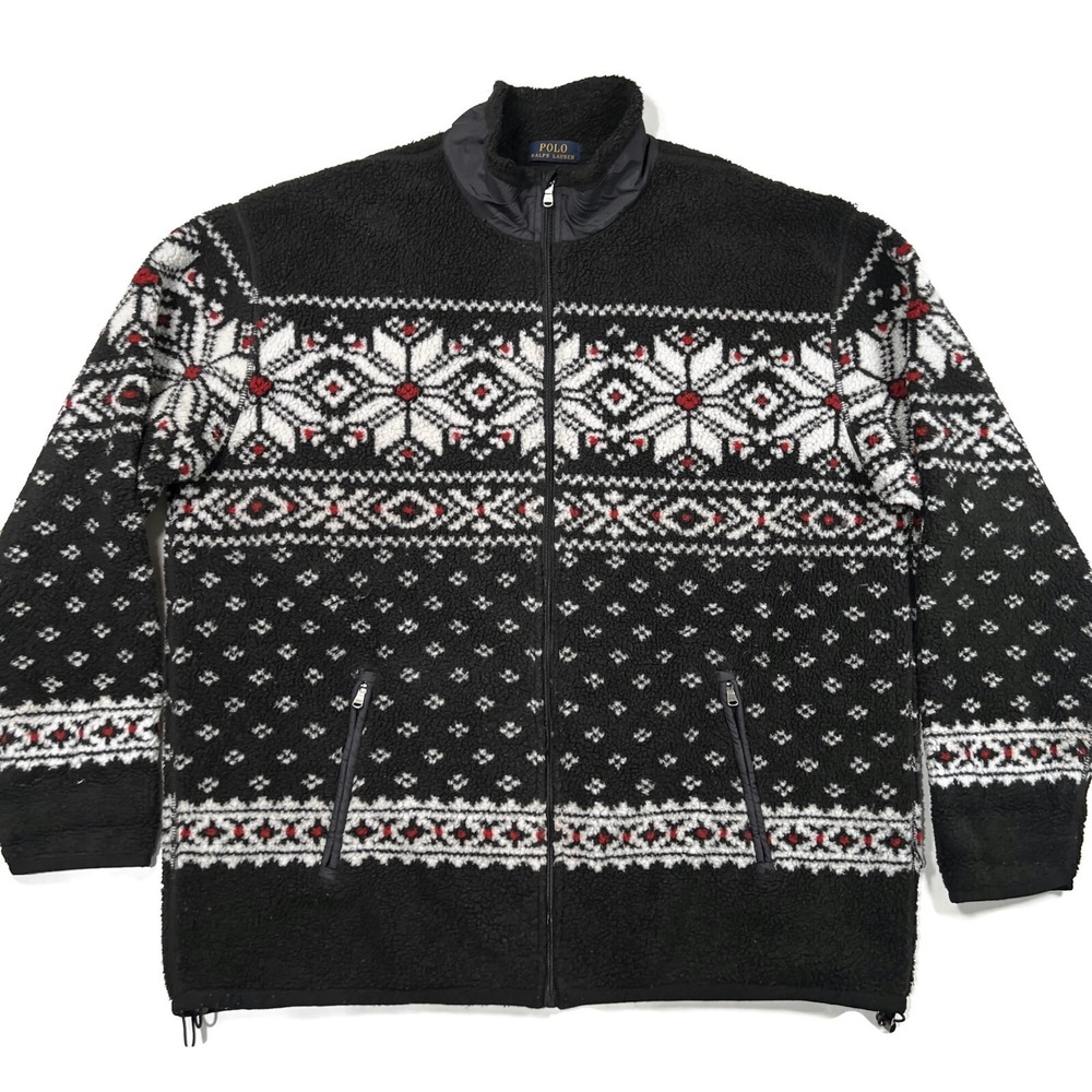 Polo Ralph Lauren Fair Isle Snowflake Fleece Jacket Men Big 1X Zip Sweater Black